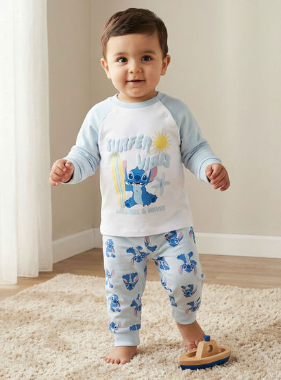 Disney Cotton Round Neck Long Sleeves Pyjama Set with Stitch Print-baby-boys-clothing-nightwear-pyjamasets-image-1