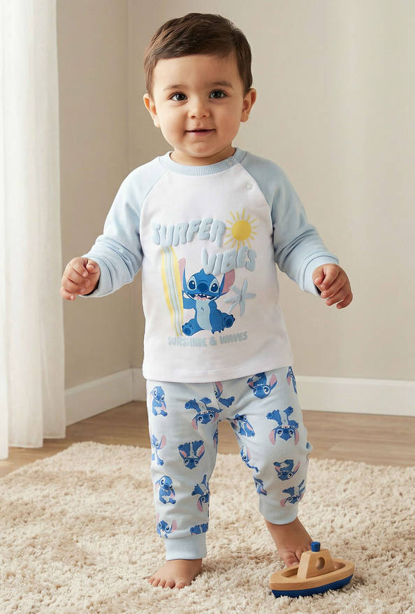 Disney Cotton Round Neck Long Sleeves Pyjama Set with Stitch Print