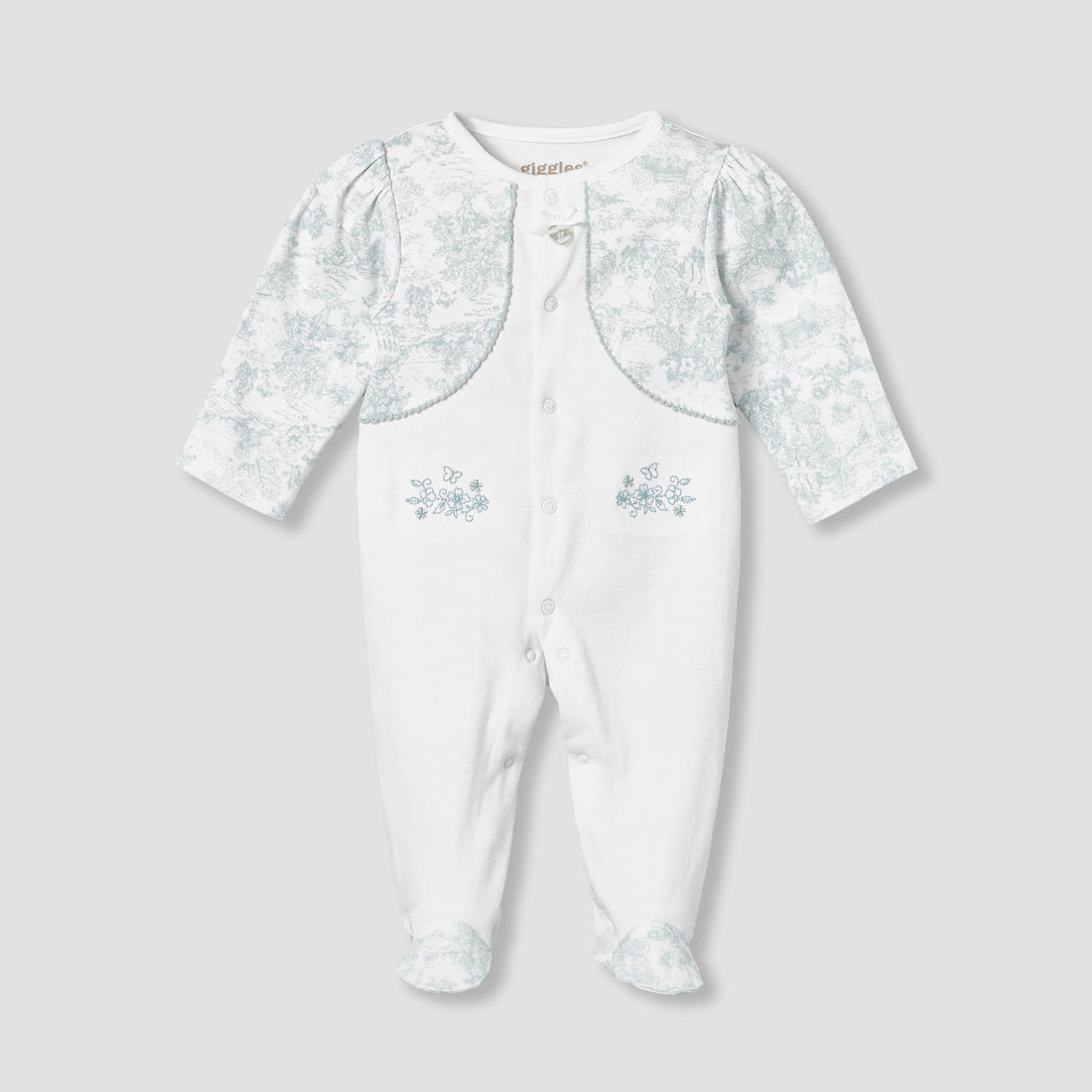 Giggles Cotton Crew Neck Long Sleeve Sleepsuit with Floral Embroidery