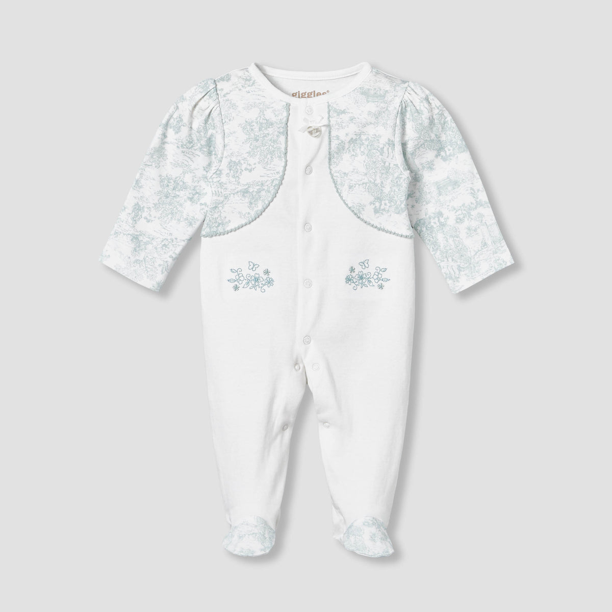 Giggles Cotton Crew Neck Long Sleeve Sleepsuit with Floral Embroidery
