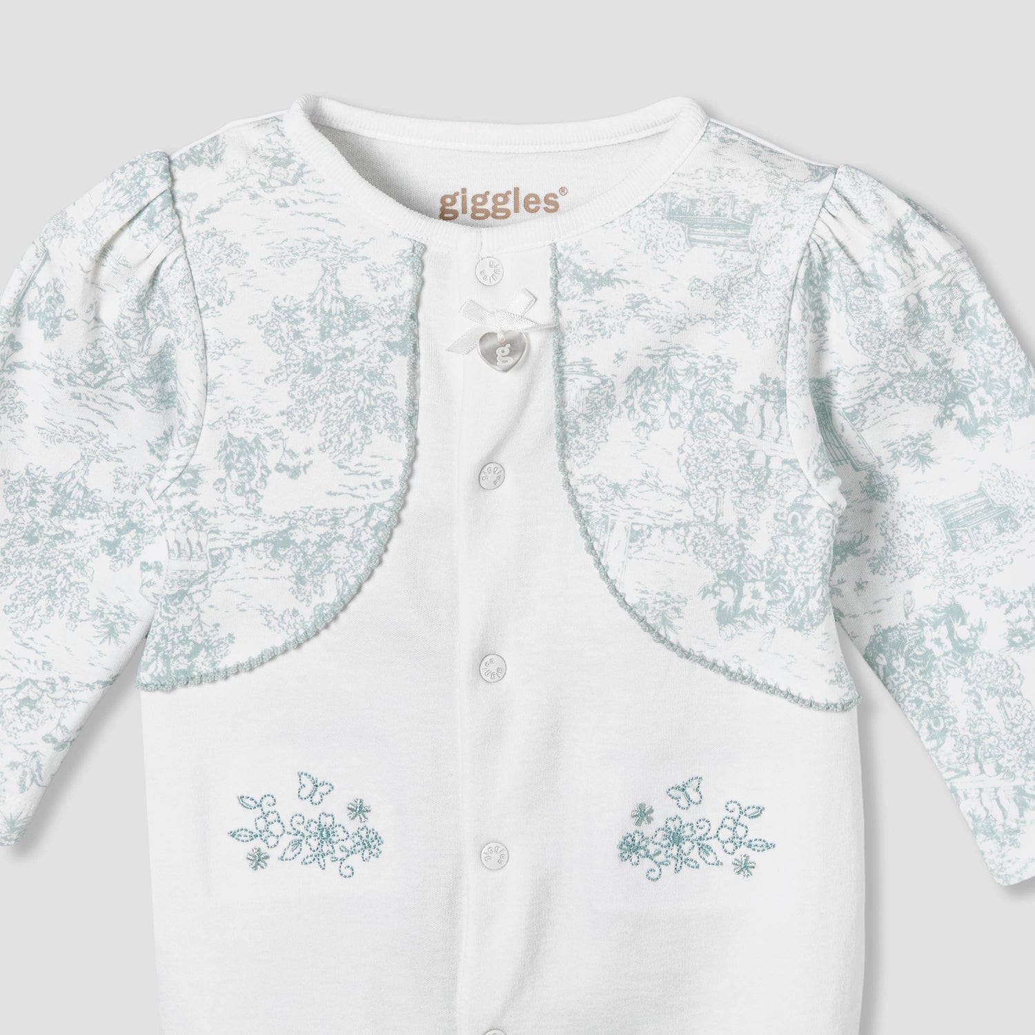 Giggles Cotton Crew Neck Long Sleeve Sleepsuit with Floral Embroidery