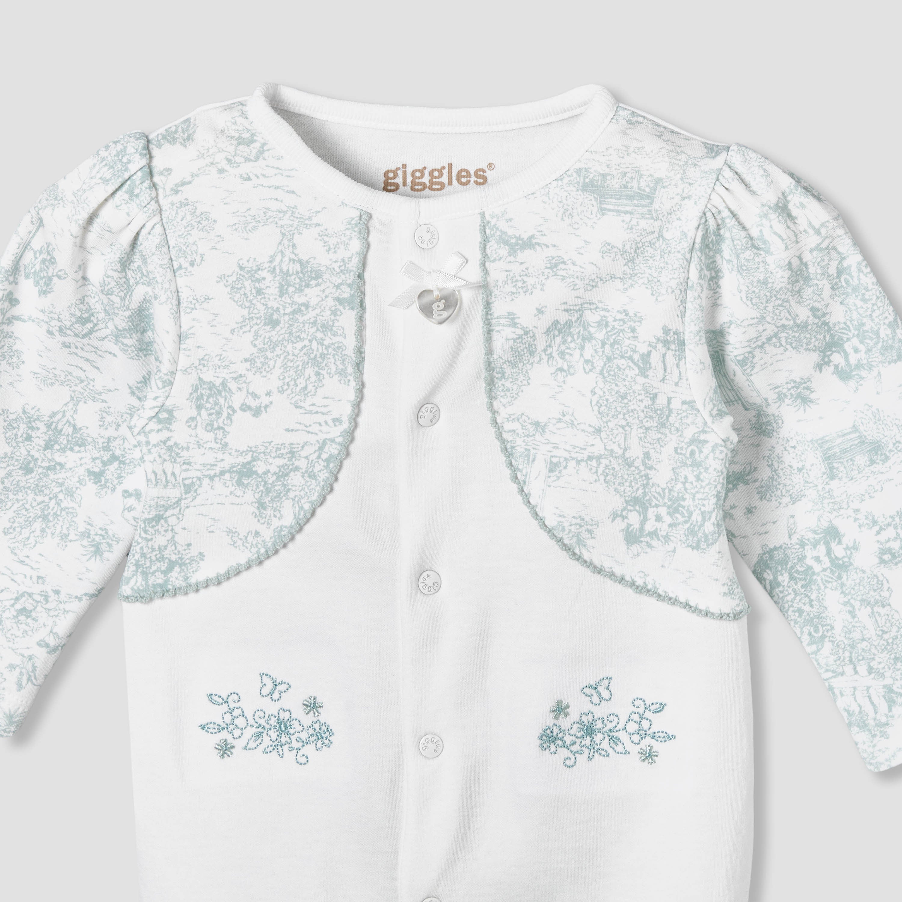 Giggles Cotton Crew Neck Long Sleeve Sleepsuit with Floral Embroidery
