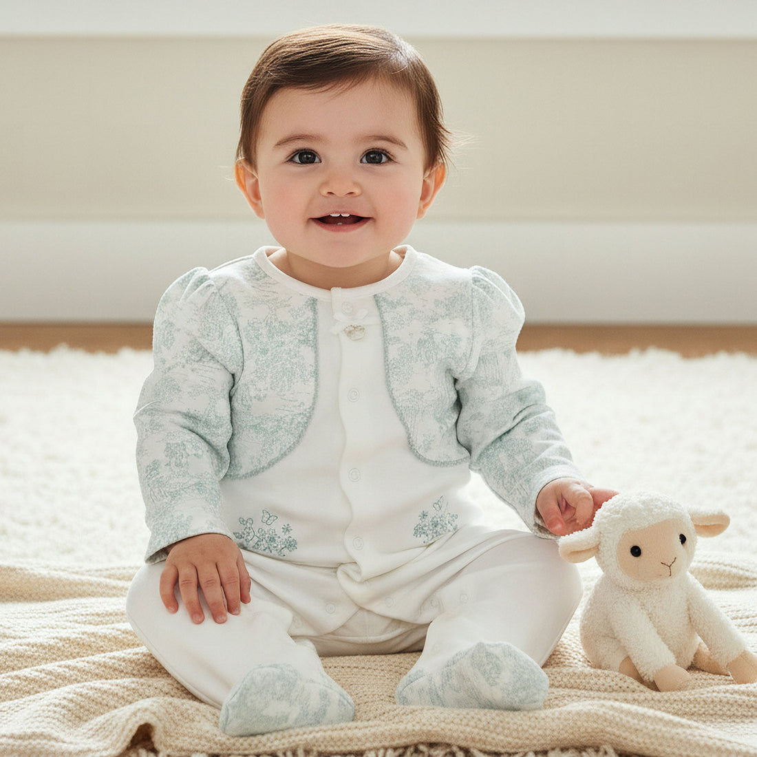 Giggles Cotton Crew Neck Long Sleeve Sleepsuit with Floral Embroidery - White / 9-12 mths