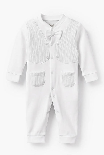 Giggles Cotton Mandarin Collar Long Sleeves Sleepsuit with Textured Design