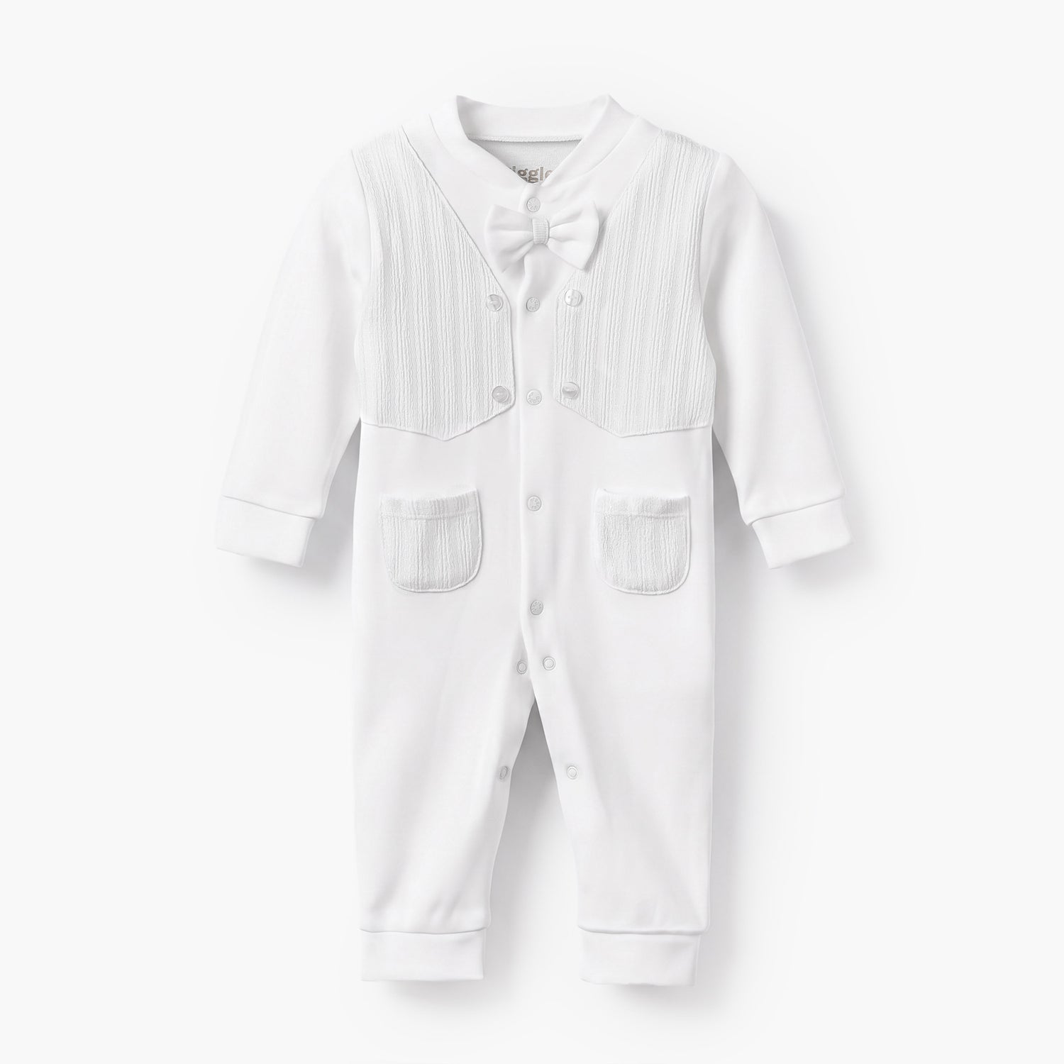Giggles Cotton Mandarin Collar Long Sleeves Sleepsuit with Textured Design - White / 12-18 mths