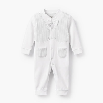 Giggles Cotton Mandarin Collar Long Sleeves Sleepsuit with Textured Design - White / 12-18 mths