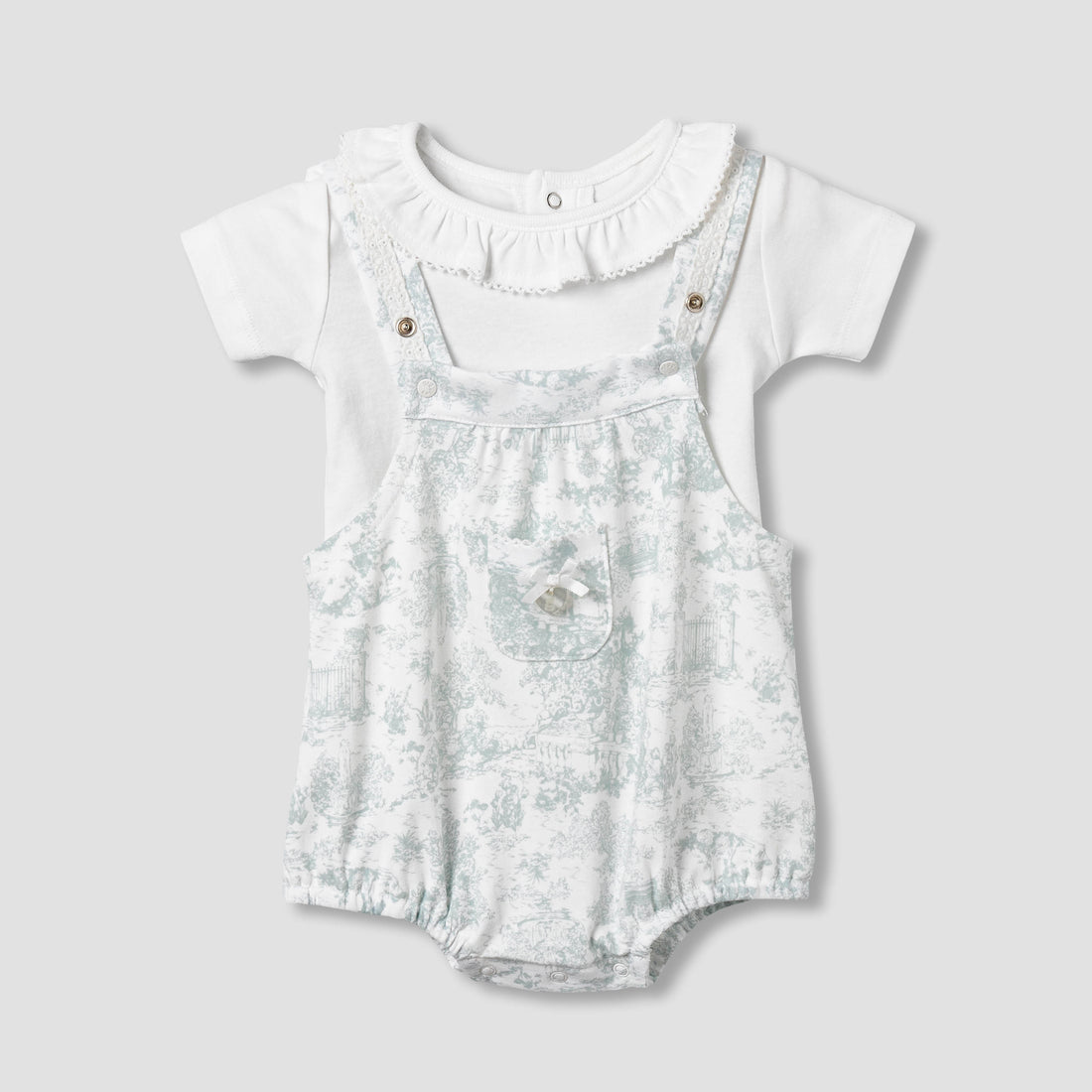 Giggles Ruffle Neck Short Sleeves T-shirt and Dungaree Set with Print - Multicolour / 12-18 mths