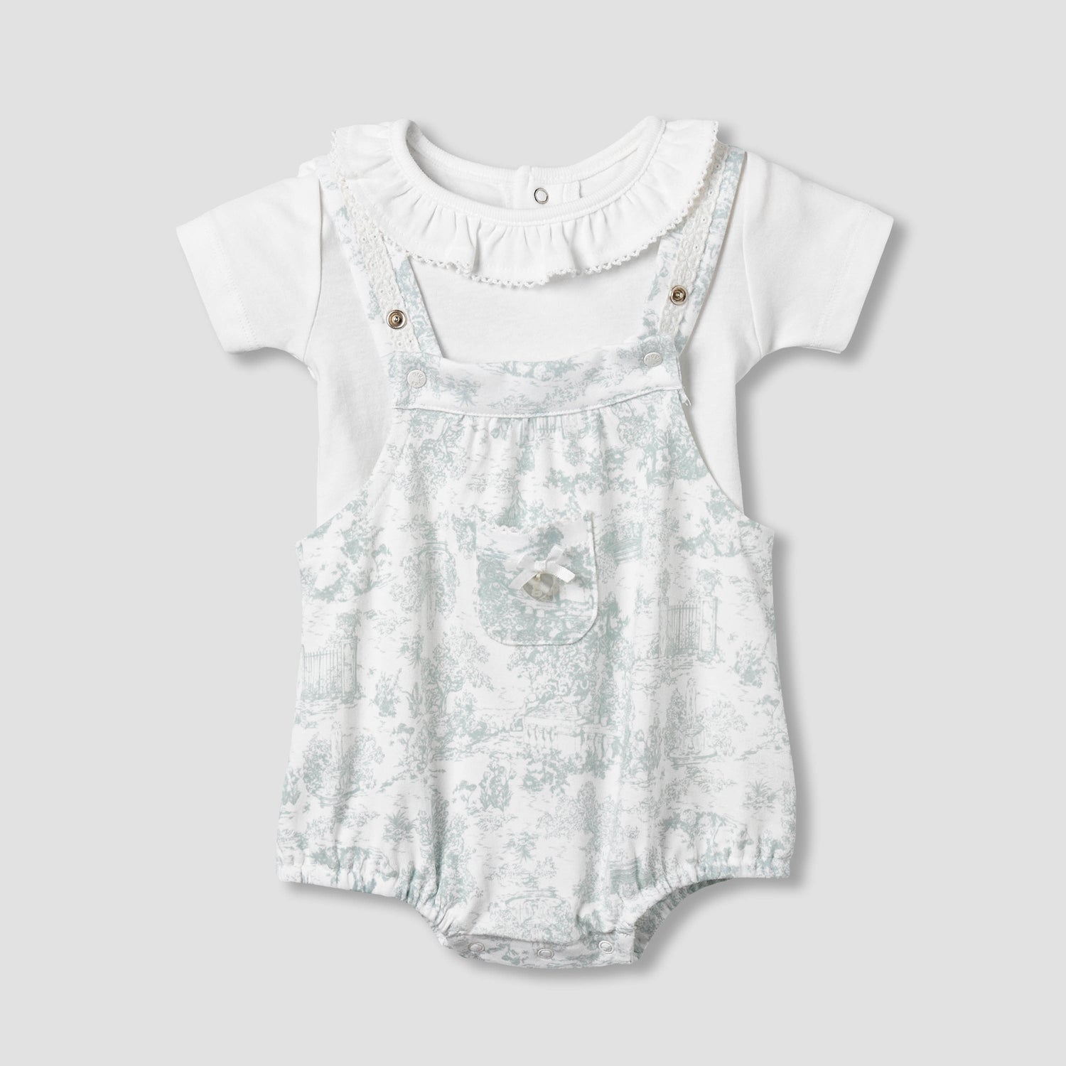 Giggles Ruffle Neck Short Sleeves T-shirt and Dungaree Set with Print - Multicolour / 12-18 mths
