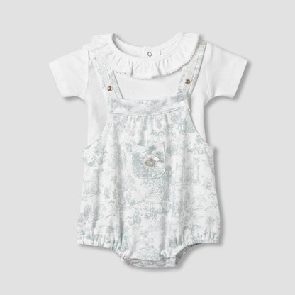 Giggles Ruffle Neck Short Sleeves T-shirt and Dungaree Set with Print - Multicolour / 12-18 mths