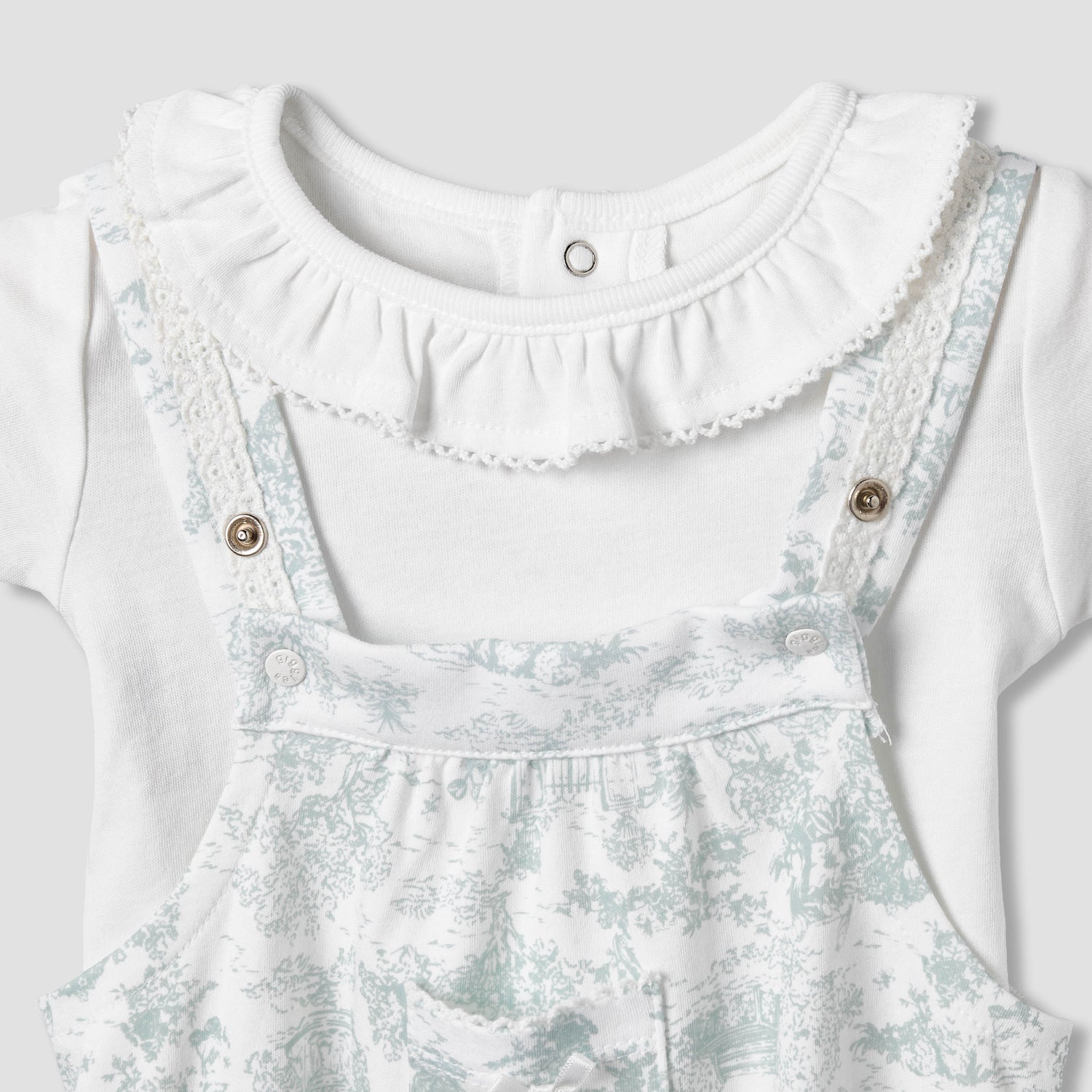 Giggles Ruffle Neck Short Sleeves T-shirt and Dungaree Set with Print