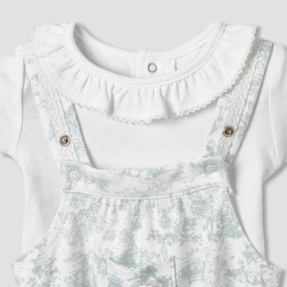 Giggles Ruffle Neck Short Sleeves T-shirt and Dungaree Set with Print