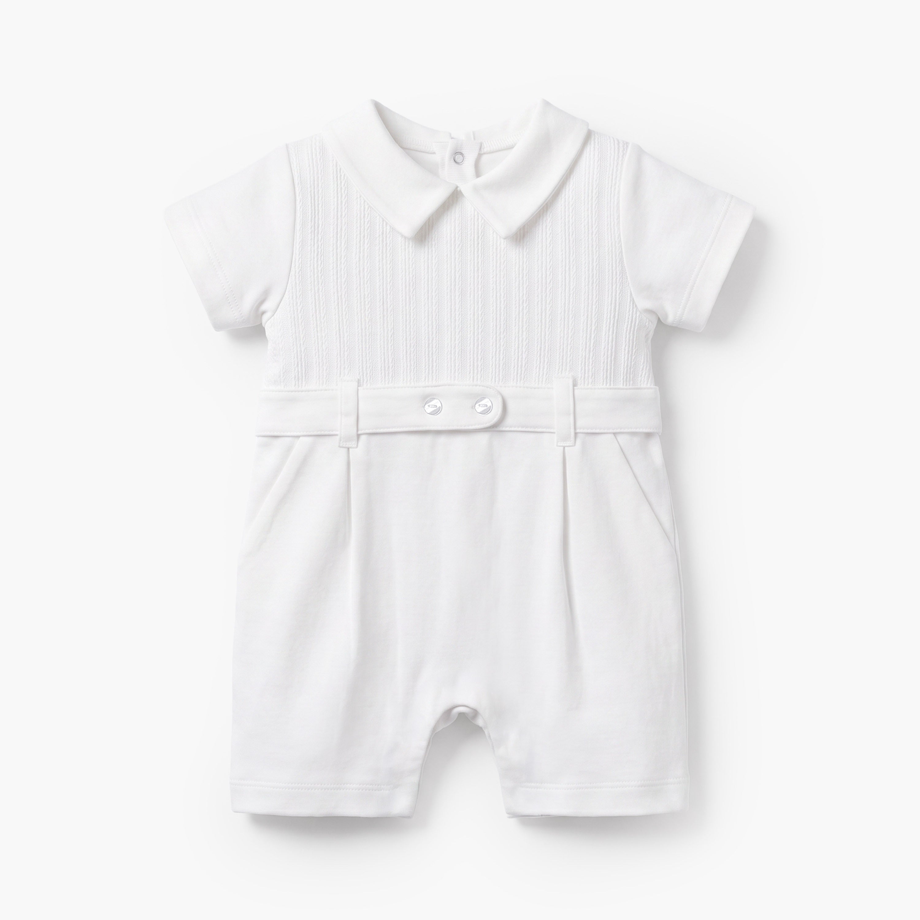 Giggles Peter Pan Collar Short Sleeves Romper with Textured Design - White / 12-18 mths