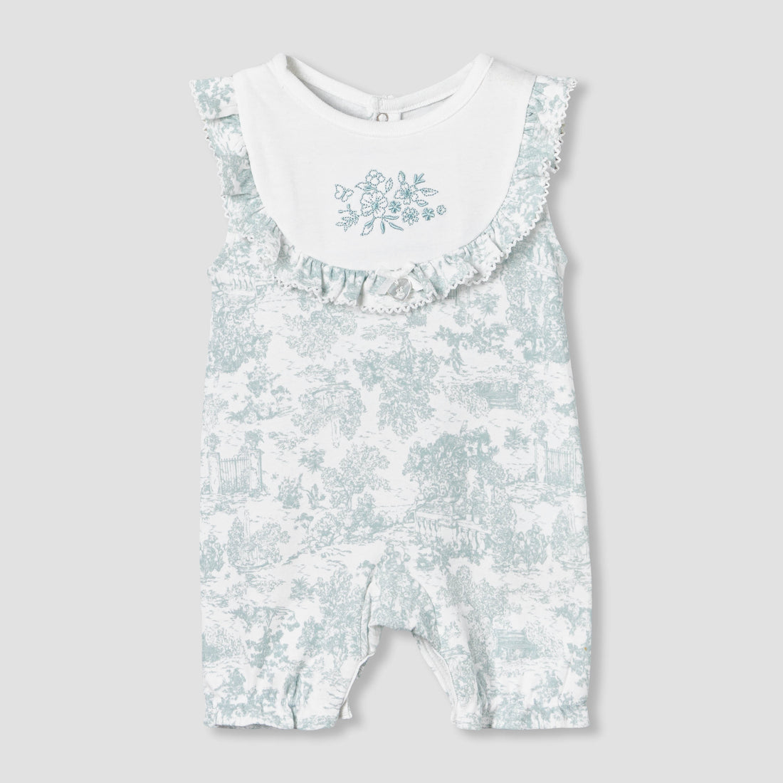 Giggles Crew Neck Sleeveless Romper with Floral Embroidery