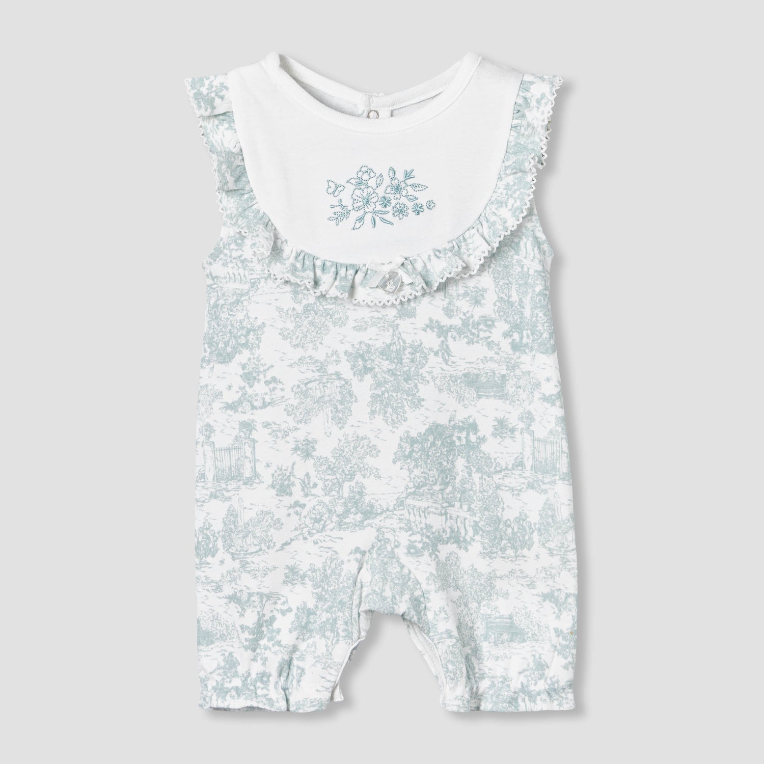 Giggles Crew Neck Sleeveless Romper with Floral Embroidery