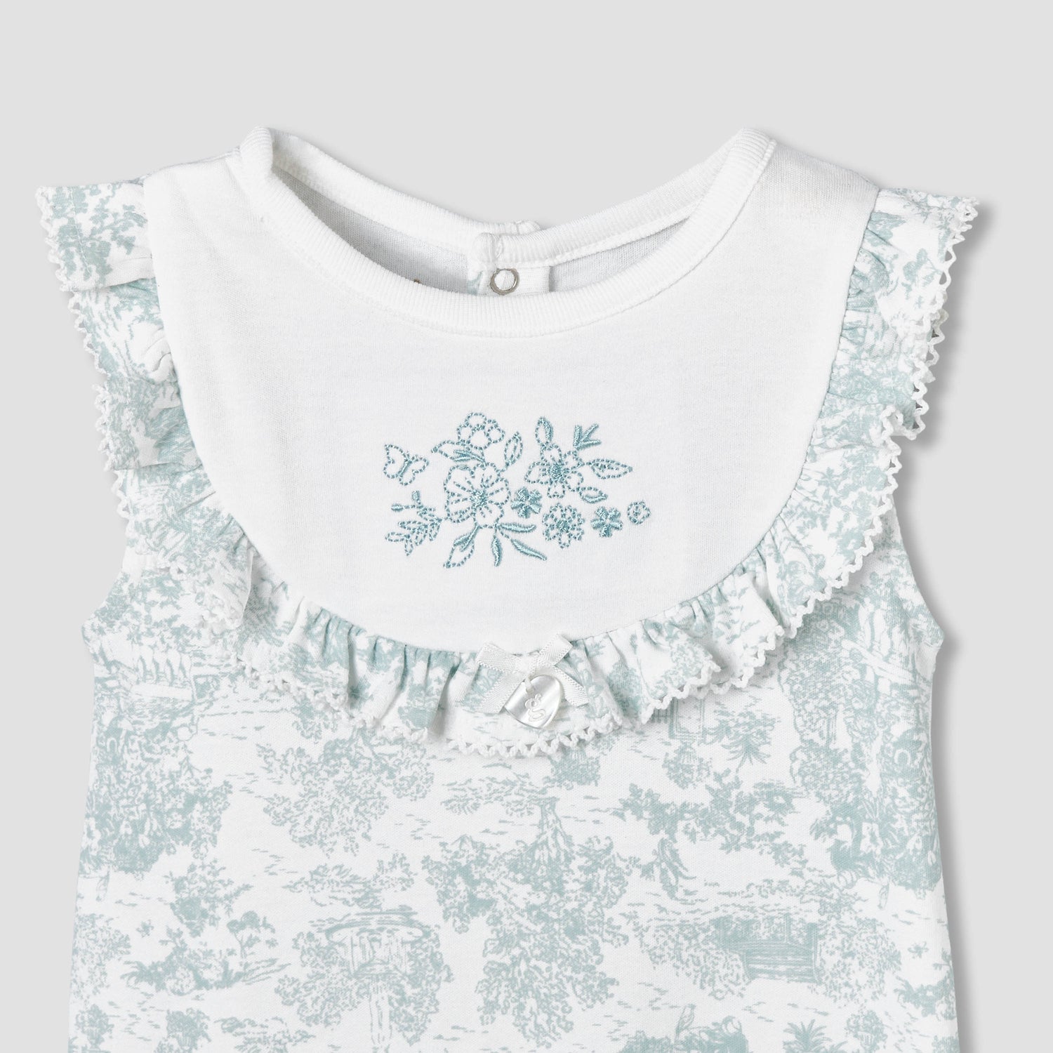 Giggles Crew Neck Sleeveless Romper with Floral Embroidery