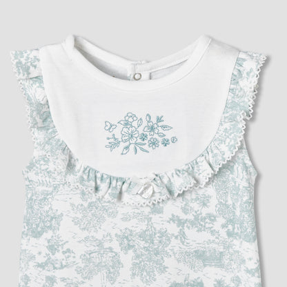 Giggles Crew Neck Sleeveless Romper with Floral Embroidery