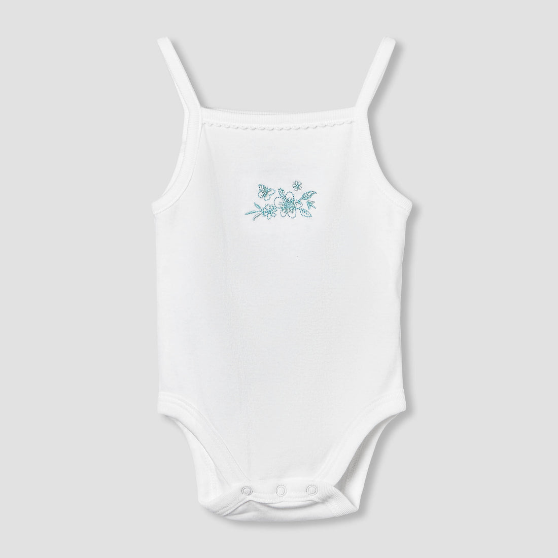 Giggles Square Neck Strappy Bodysuit with Floral Embroidery - White / 12-18 mths