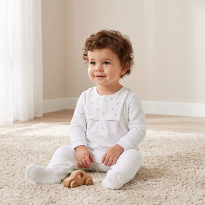 Giggles Cotton Round Neck Long Sleeves Sleepsuit with Ribbed Design - White / 9-12 mths