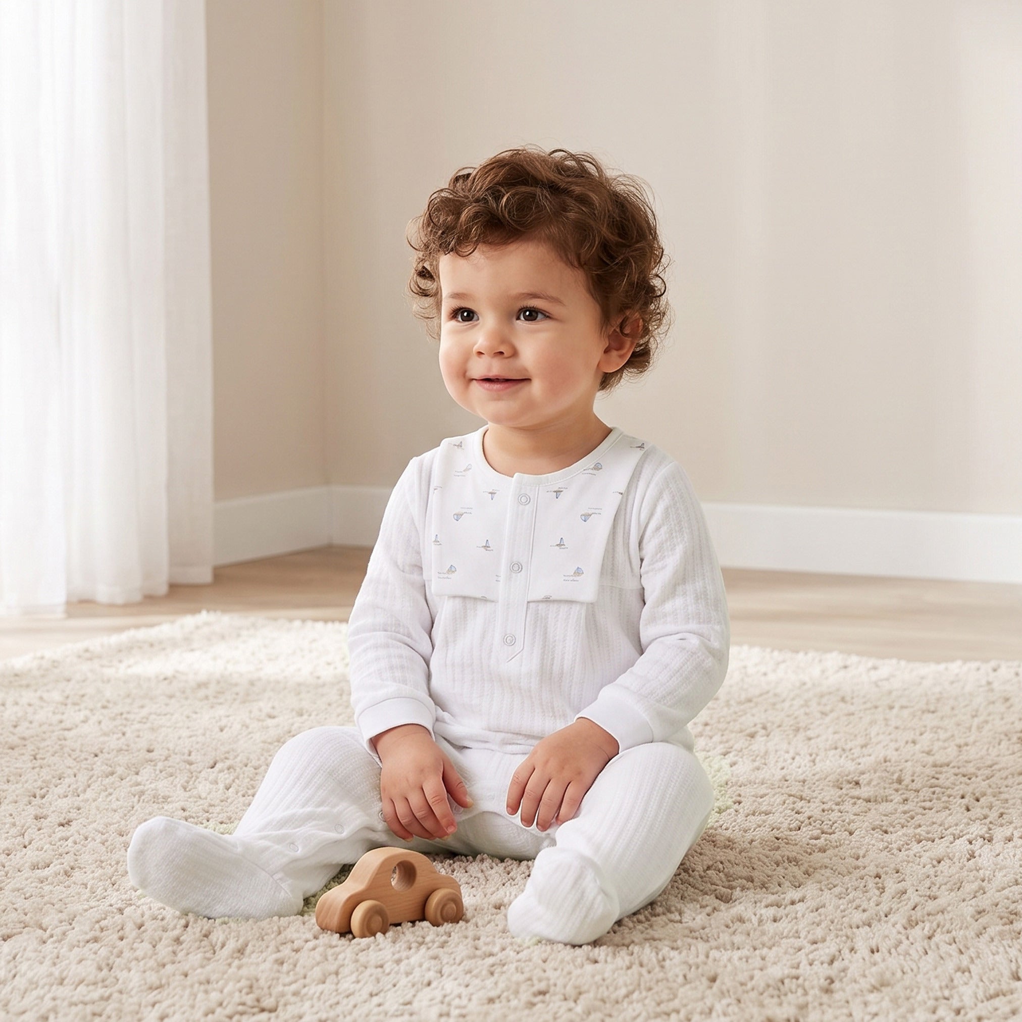 Giggles Cotton Round Neck Long Sleeves Sleepsuit with Ribbed Design