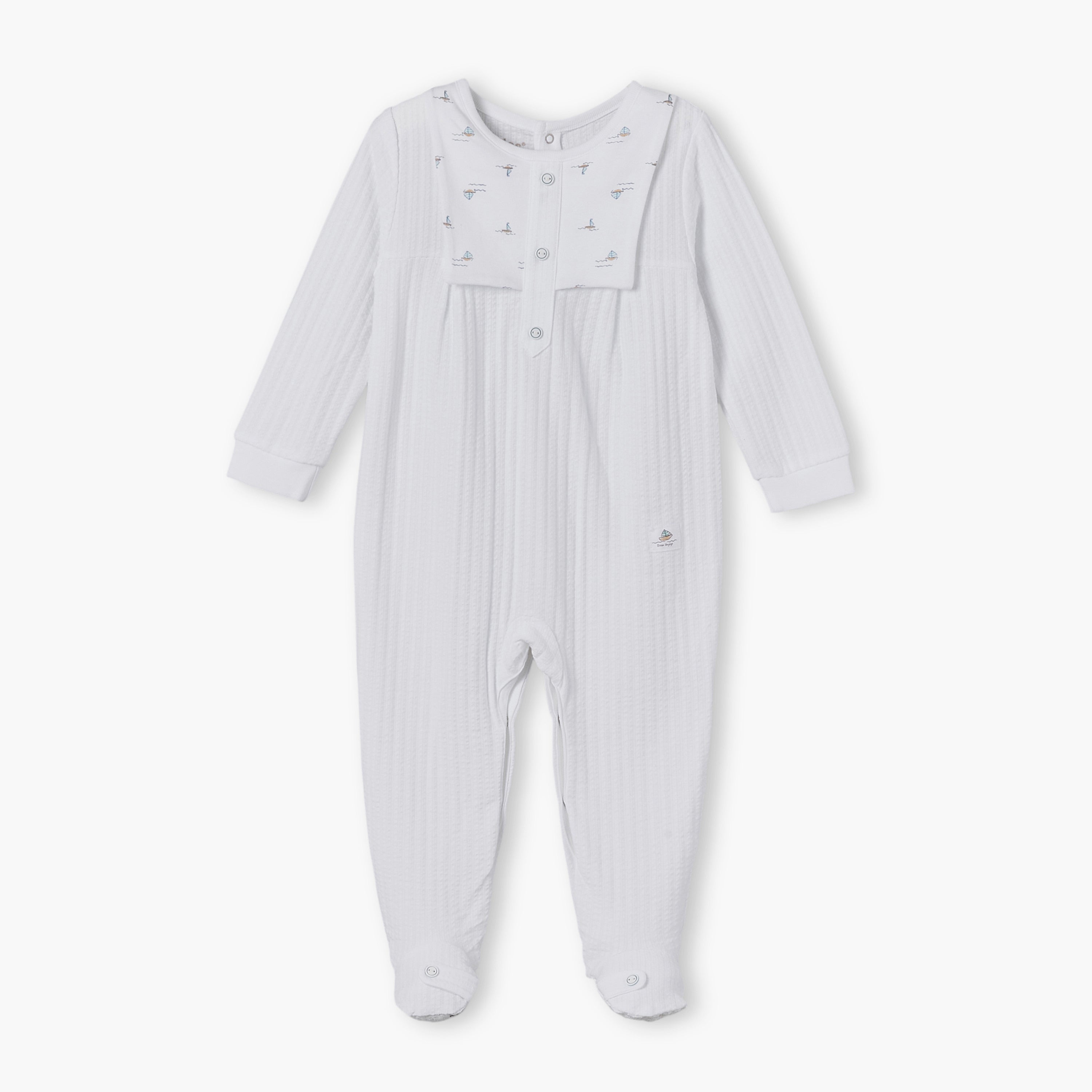 Giggles Cotton Round Neck Long Sleeves Sleepsuit with Ribbed Design