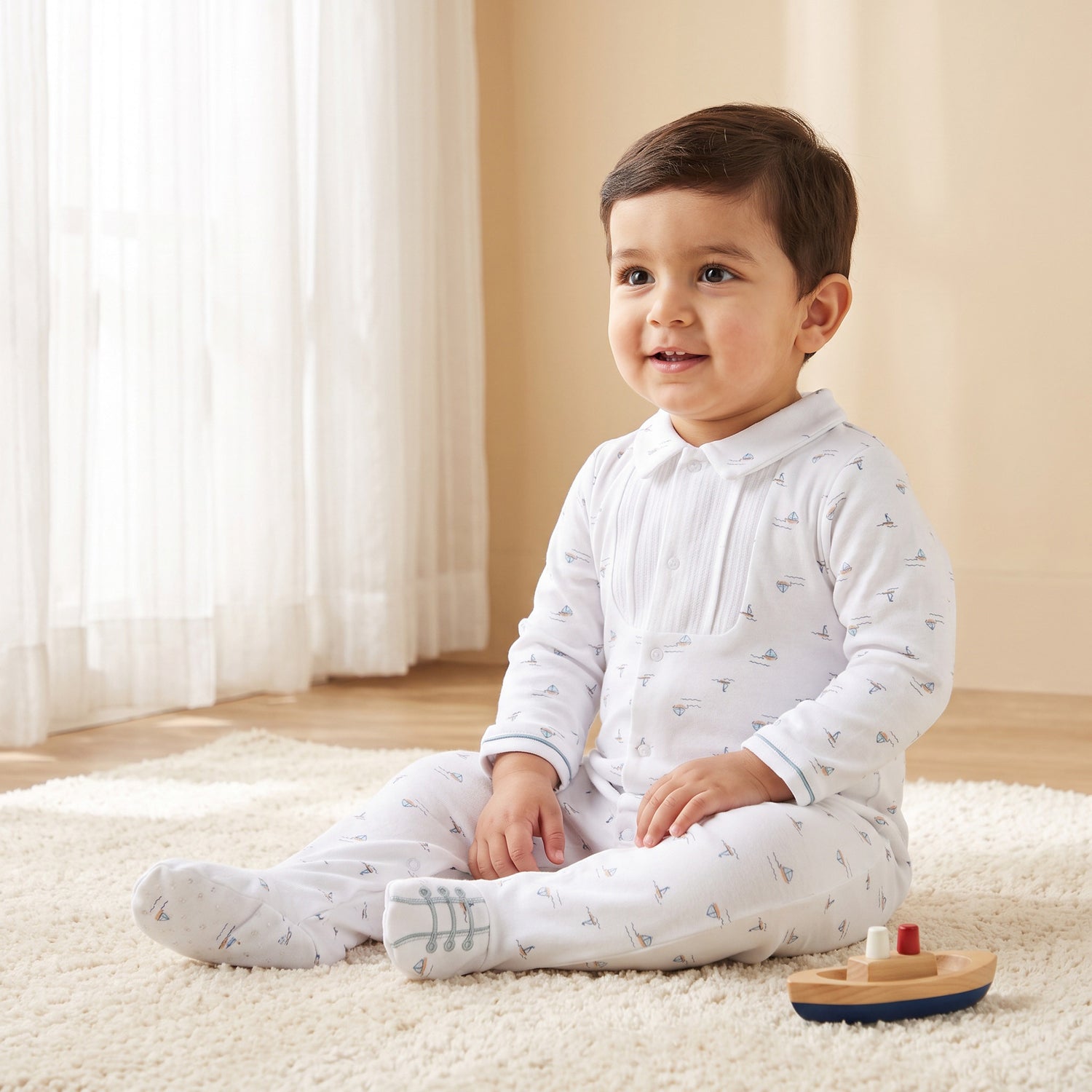 Giggles Cotton Collared Long Sleeves Sleepsuit with Boat Print - White / 9-12 mths