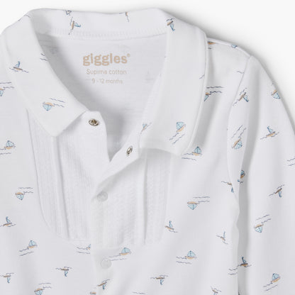 Giggles Cotton Collared Long Sleeves Sleepsuit with Boat Print