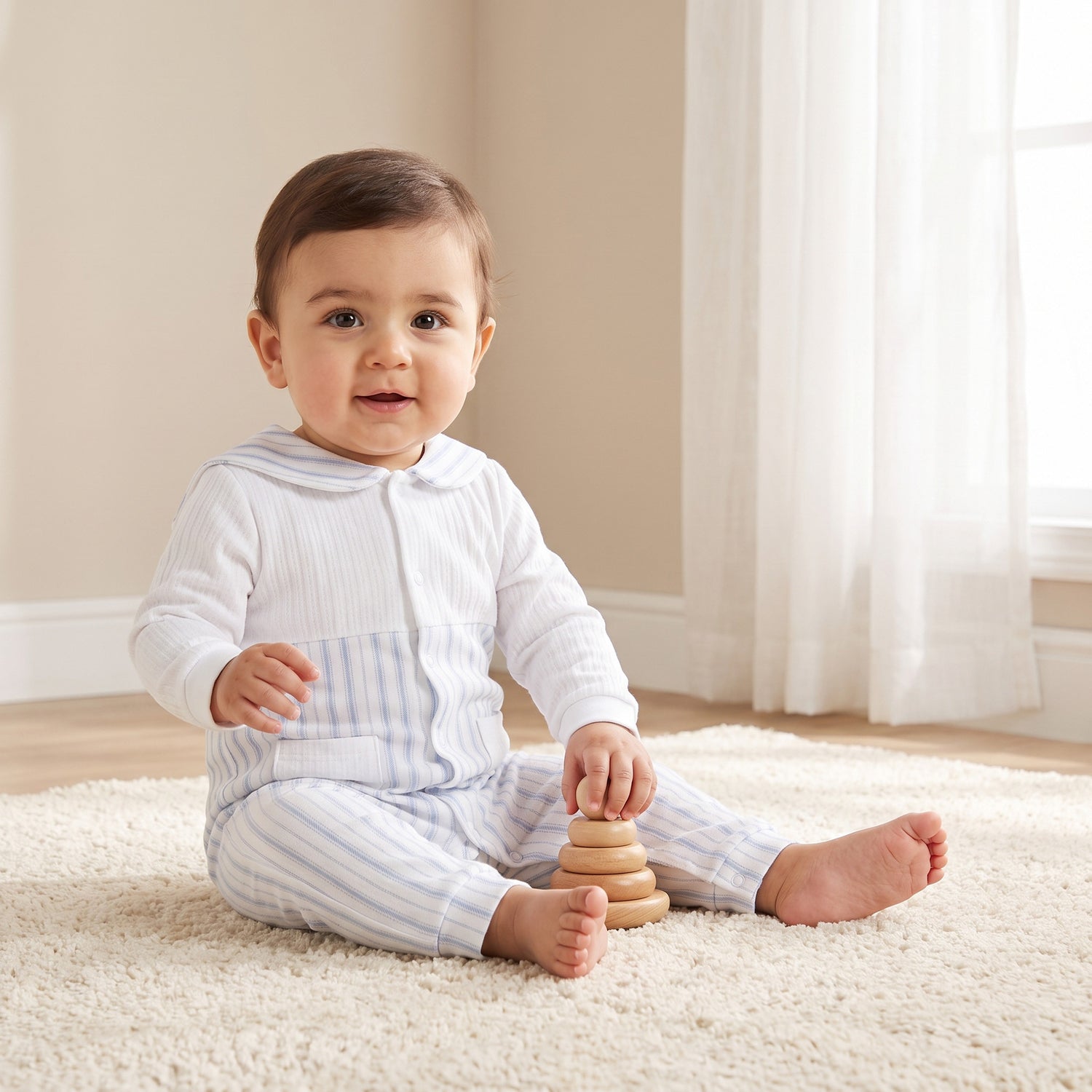 Giggles Cotton Sailor Collar Long Sleeves Sleepsuit with Stripes - Blue / 12-18 mths