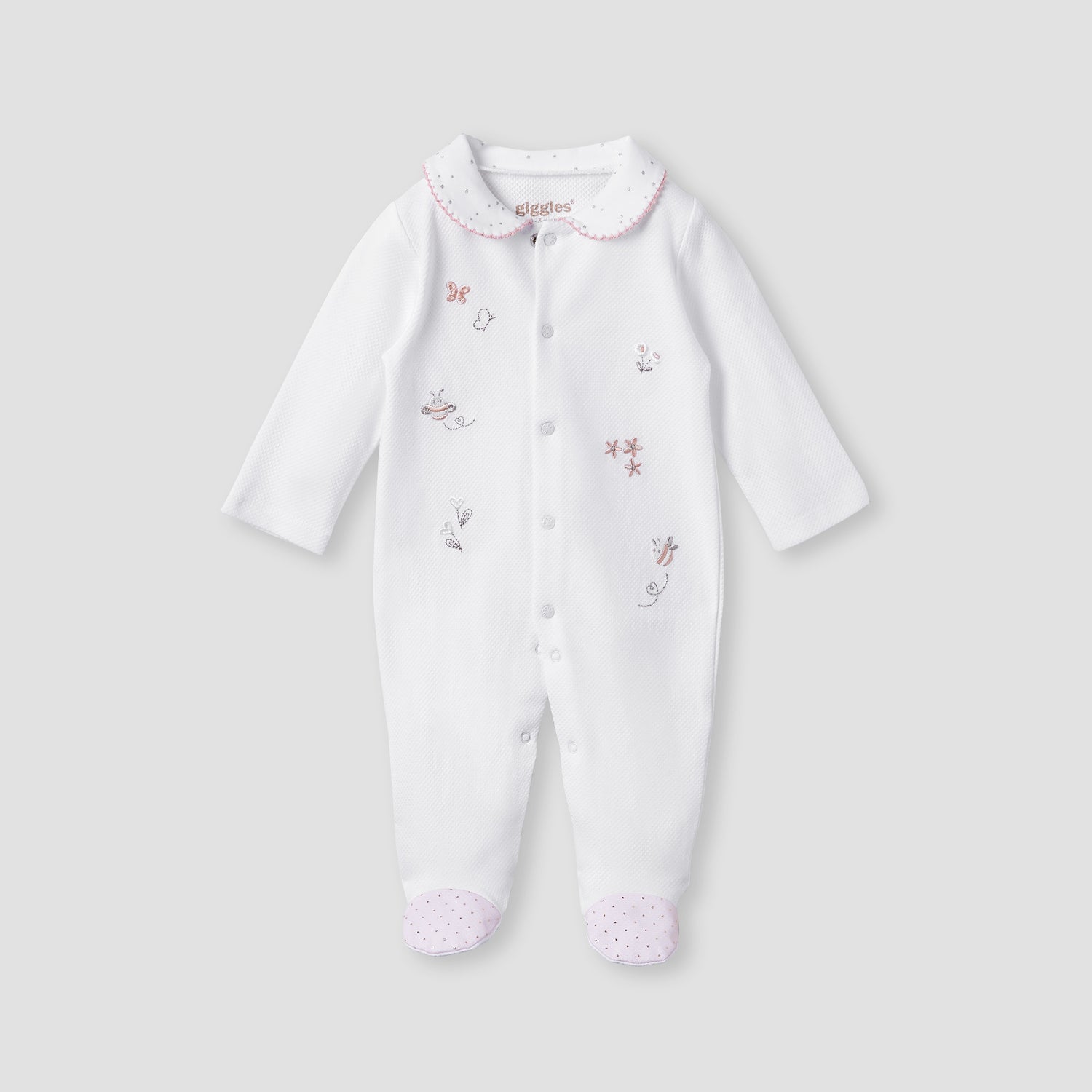 Giggles Embroidered Sleepsuit with Long Sleeves and Button Closure - White / 9-12 mths