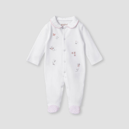 Giggles Embroidered Sleepsuit with Long Sleeves and Button Closure - White / 9-12 mths