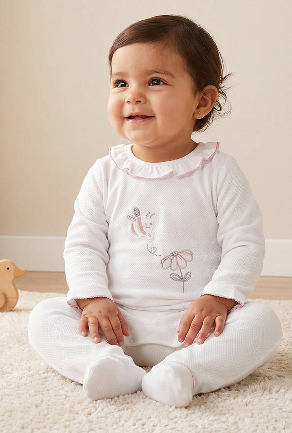 Giggles Embroidered Sleepsuit with Long Sleeves and Button Closure