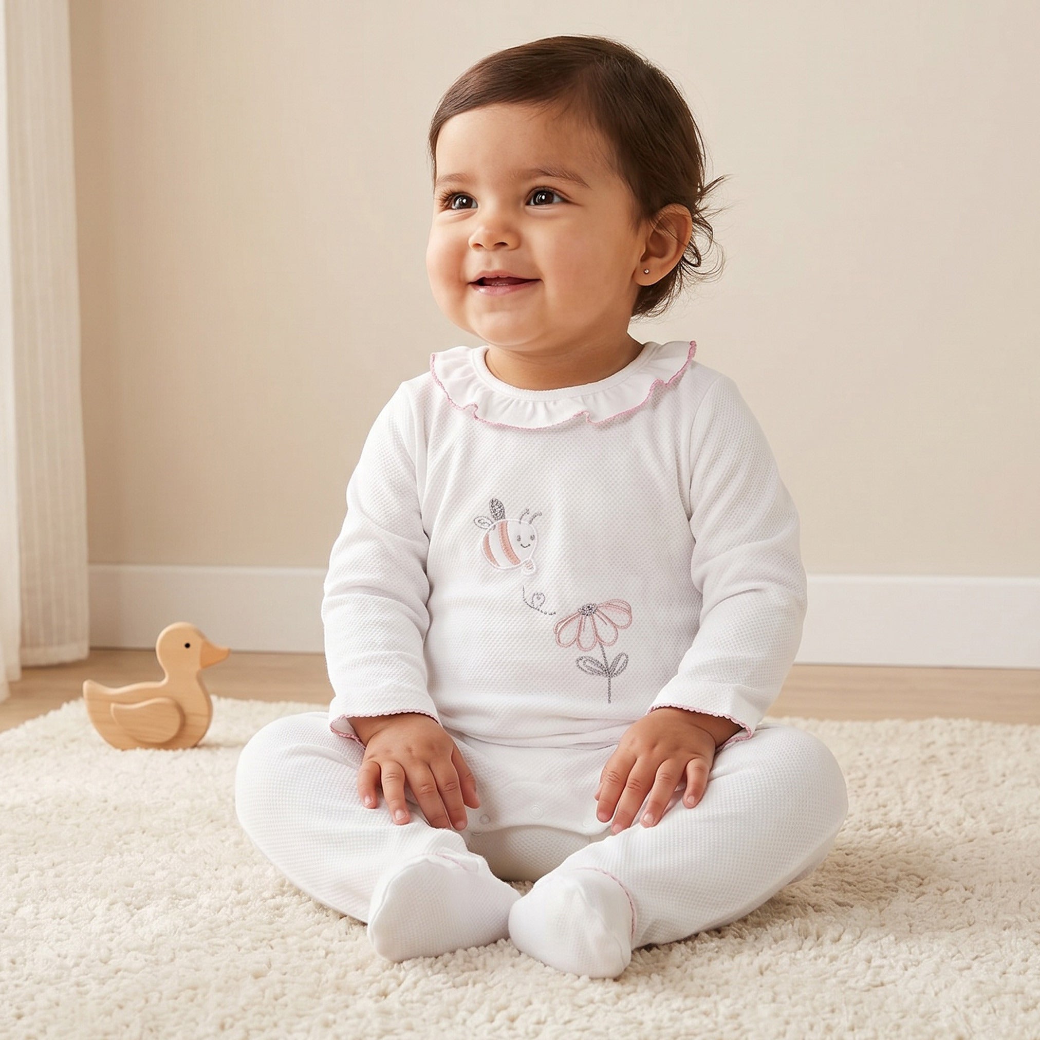 Giggles Embroidered Sleepsuit with Long Sleeves and Button Closure - White / 9-12 mths