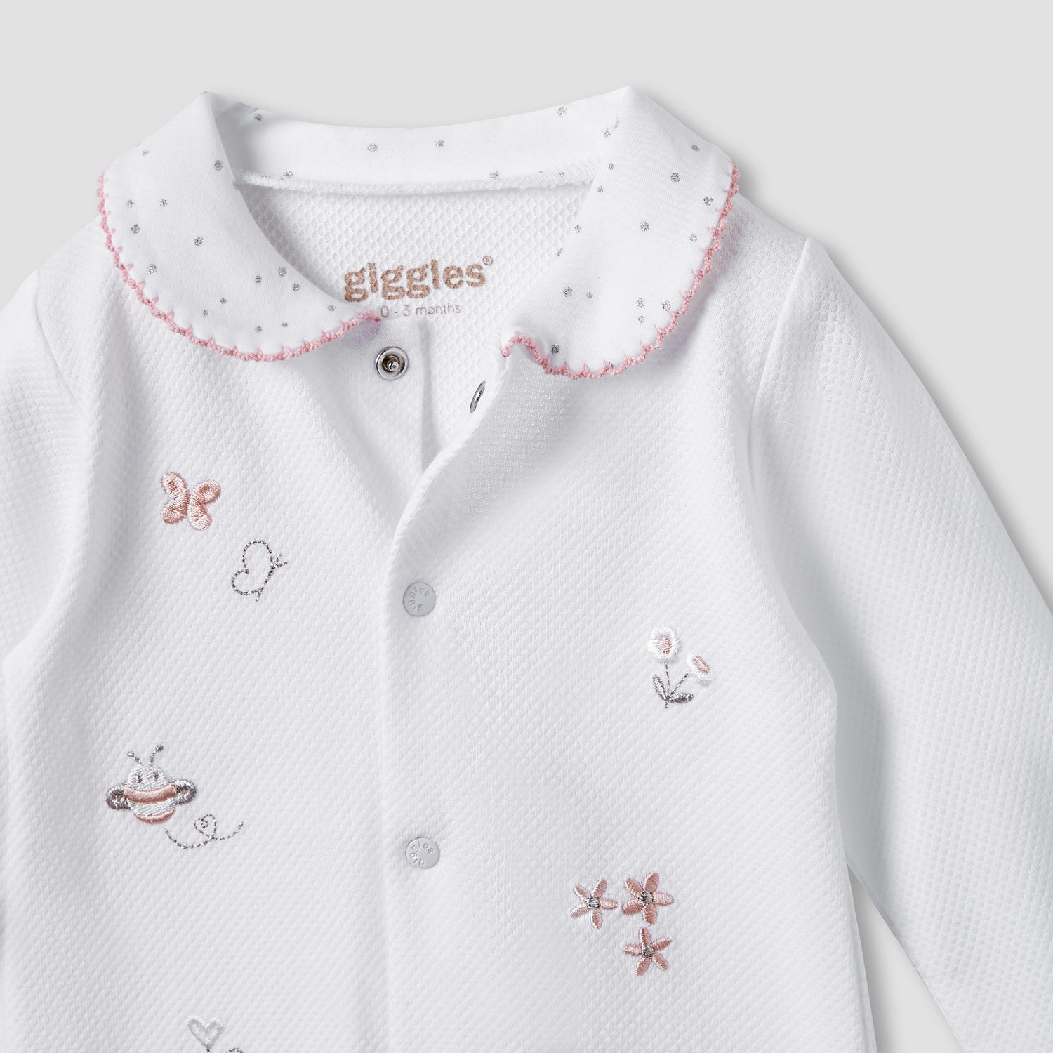 Giggles Embroidered Sleepsuit with Long Sleeves and Button Closure