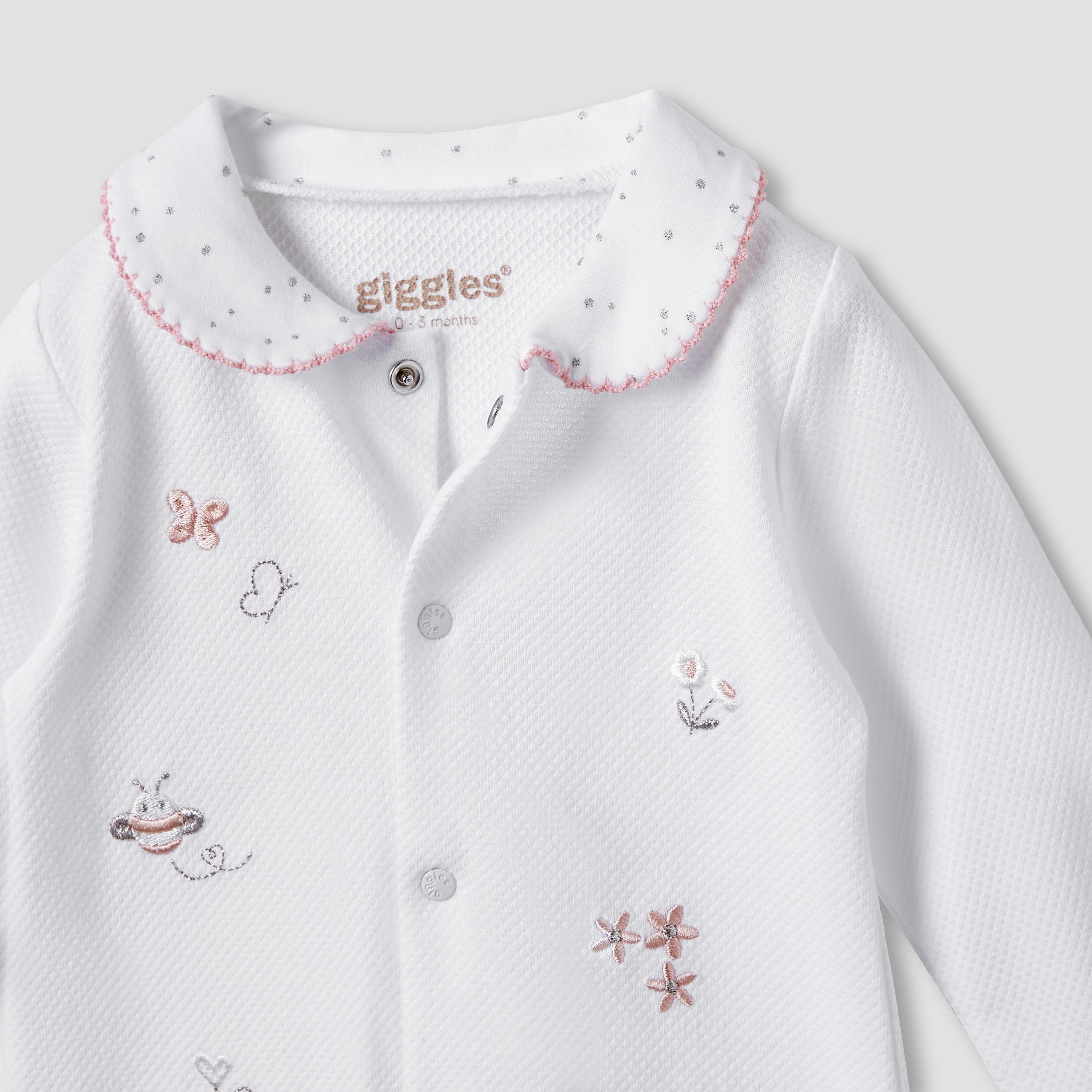 Giggles Embroidered Sleepsuit with Long Sleeves and Button Closure