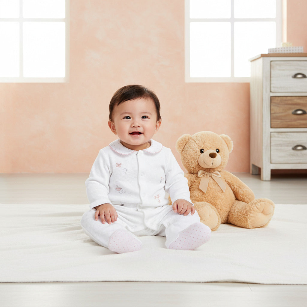 Giggles Embroidered Sleepsuit with Long Sleeves and Button Closure