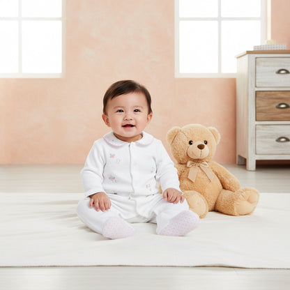 Giggles Embroidered Sleepsuit with Long Sleeves and Button Closure