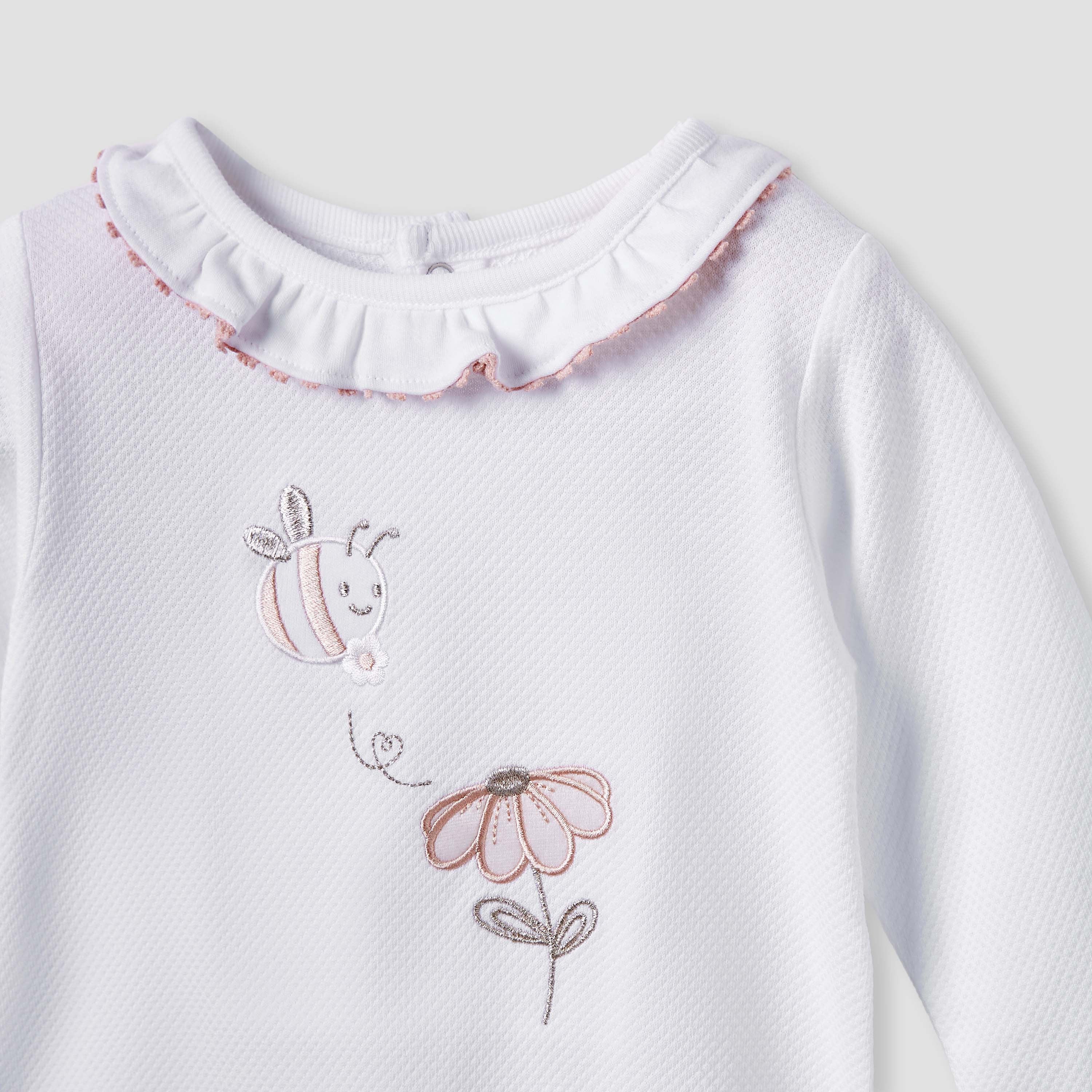 Giggles Embroidered Sleepsuit with Long Sleeves and Button Closure