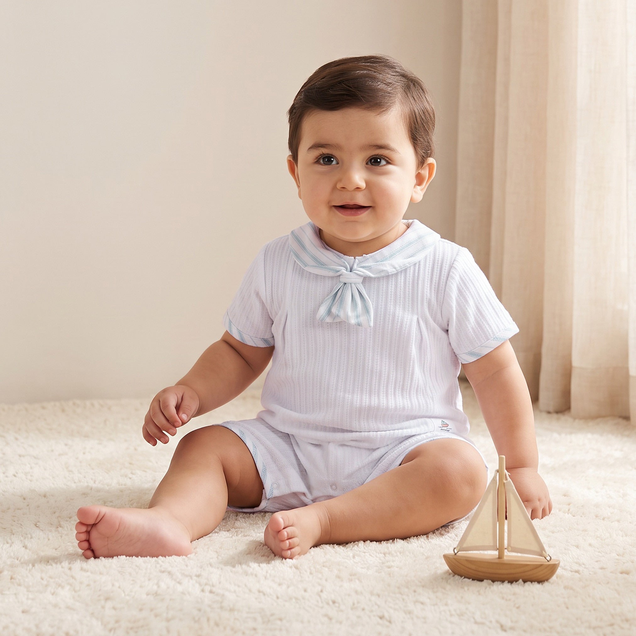 Giggles Sailor Collar Short Sleeves Romper with Bow Detail - White / 12-18 mths