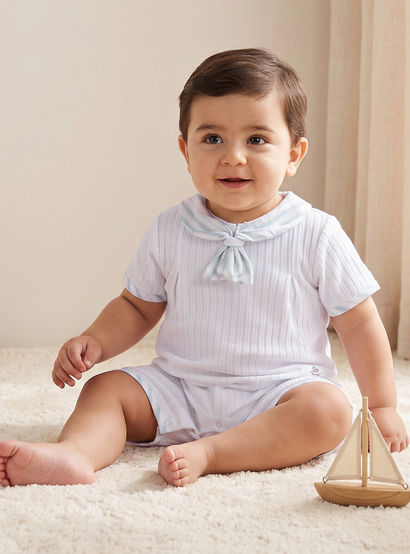 Giggles Sailor Collar Short Sleeves Romper with Bow Detail-baby-boys-clothing-rompers-image-1
