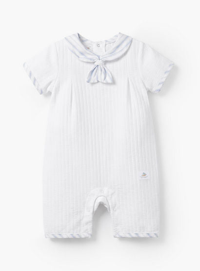 Giggles Sailor Collar Short Sleeves Romper with Bow Detail-baby-boys-clothing-rompers-image-2