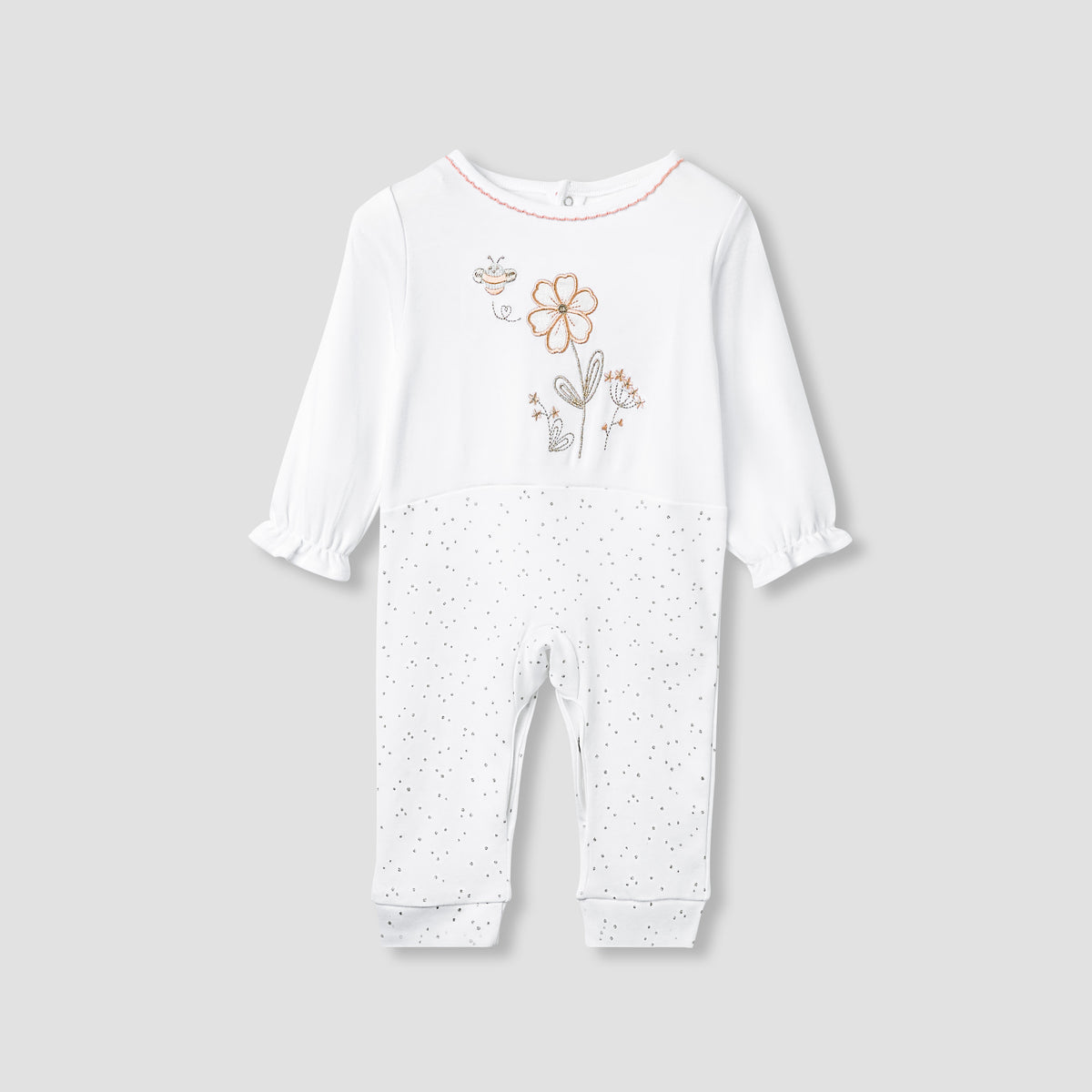 Giggles Embroidered Sleepsuit with Long Sleeves and Button Closure