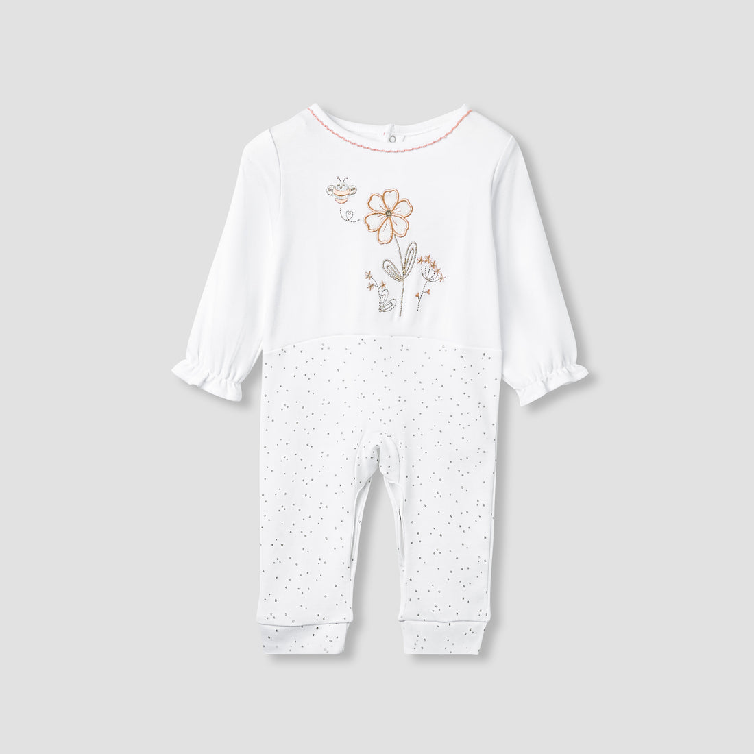 Giggles Embroidered Sleepsuit with Long Sleeves and Button Closure - White / 12-18 mths