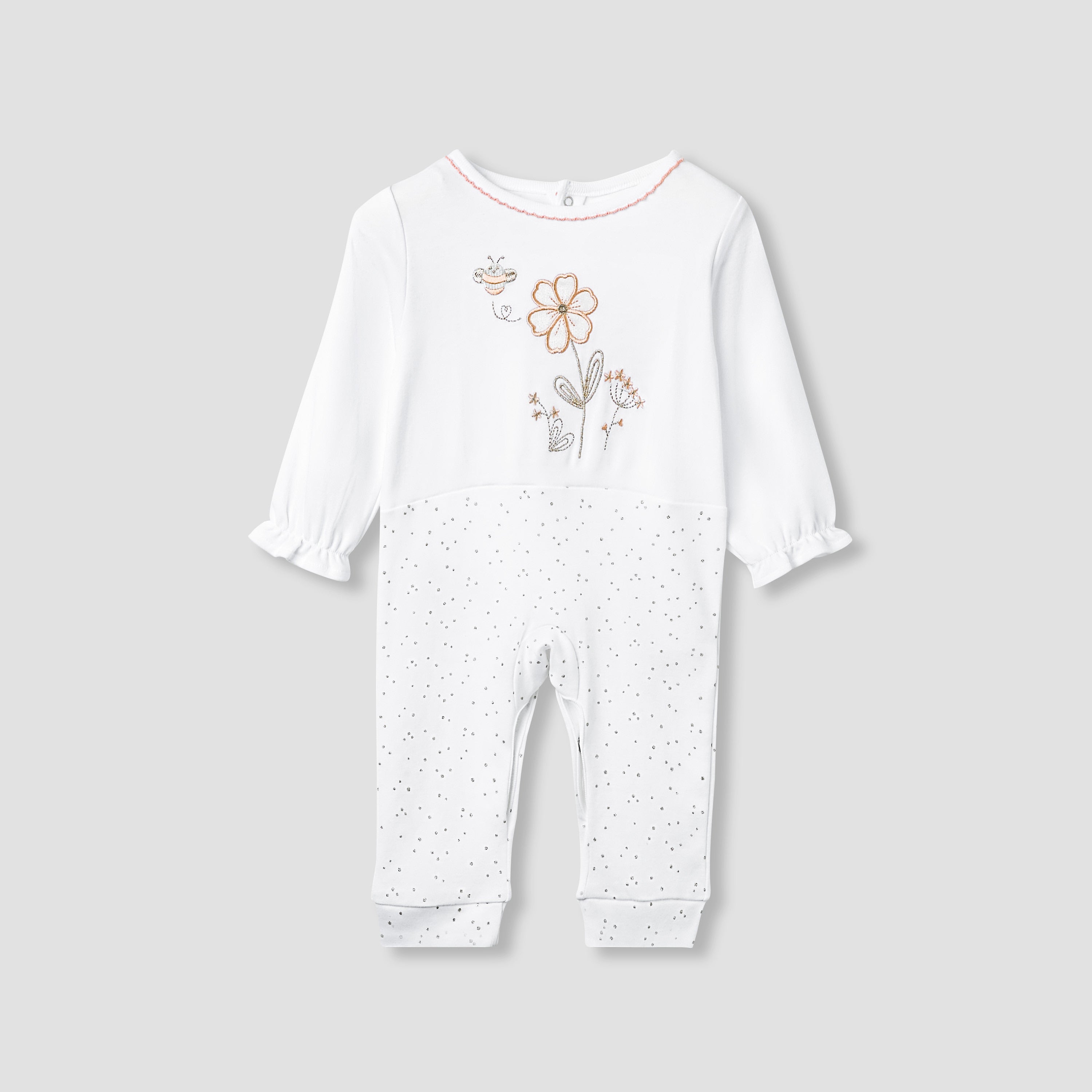 Giggles Embroidered Sleepsuit with Long Sleeves and Button Closure - White / 12-18 mths