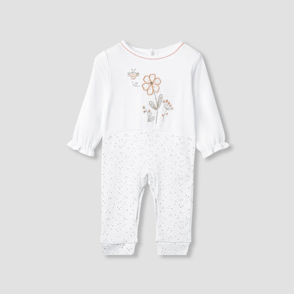 Giggles Embroidered Sleepsuit with Long Sleeves and Button Closure - White / 12-18 mths