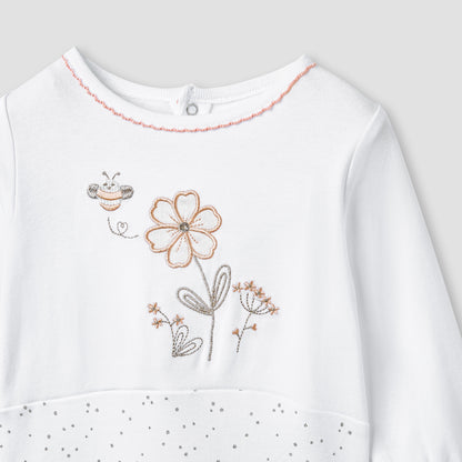 Giggles Embroidered Sleepsuit with Long Sleeves and Button Closure