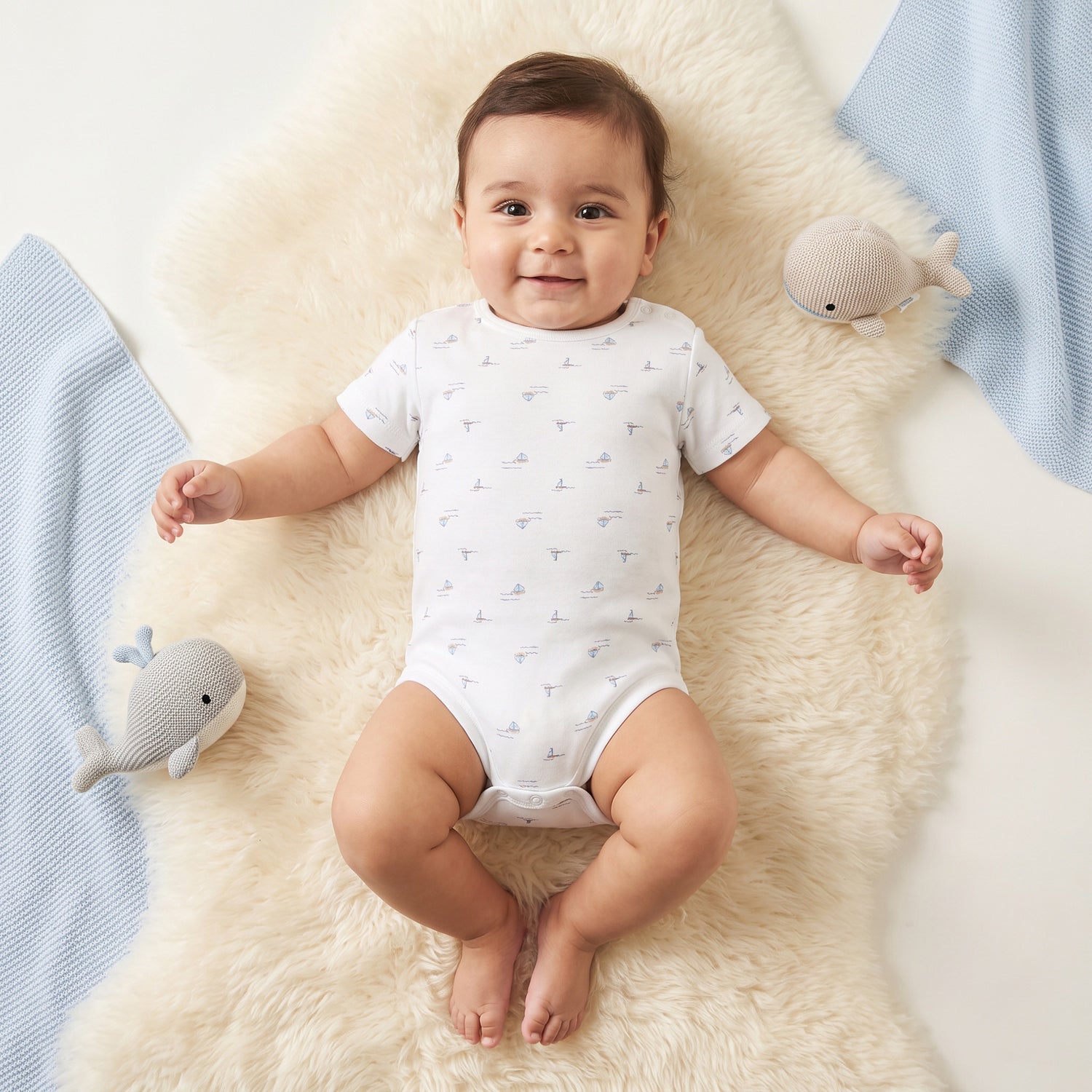Giggles Round Neck Short Sleeves Cotton Bodysuit with Nautical Print - White / 12-18 mths