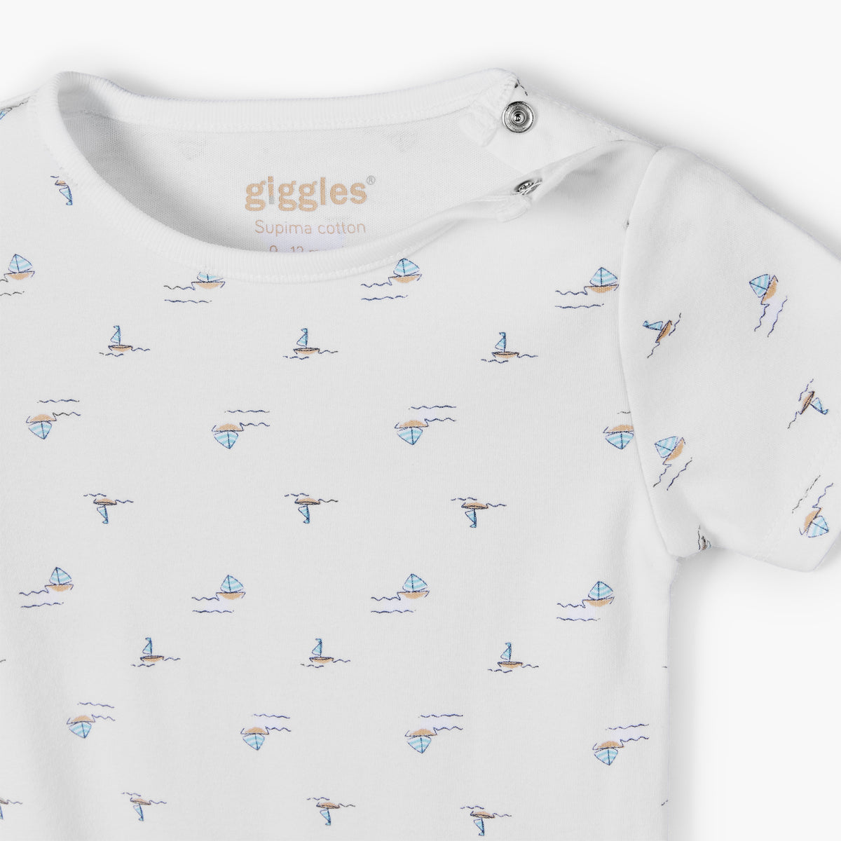 Giggles Round Neck Short Sleeves Cotton Bodysuit with Nautical Print