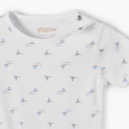 Giggles Round Neck Short Sleeves Cotton Bodysuit with Nautical Print
