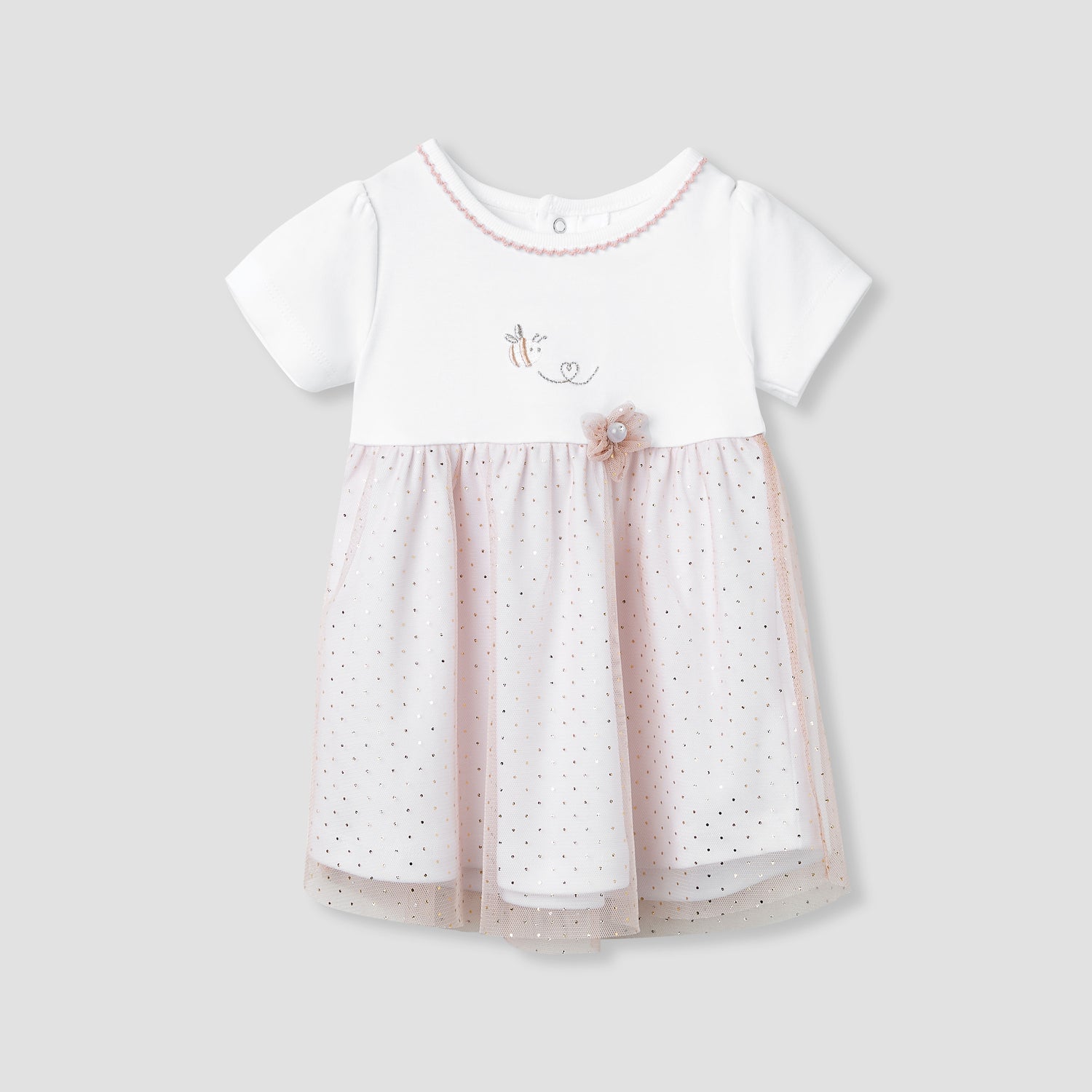Giggles Printed A-line Dress with Floral Accent - White / 12-18 mths