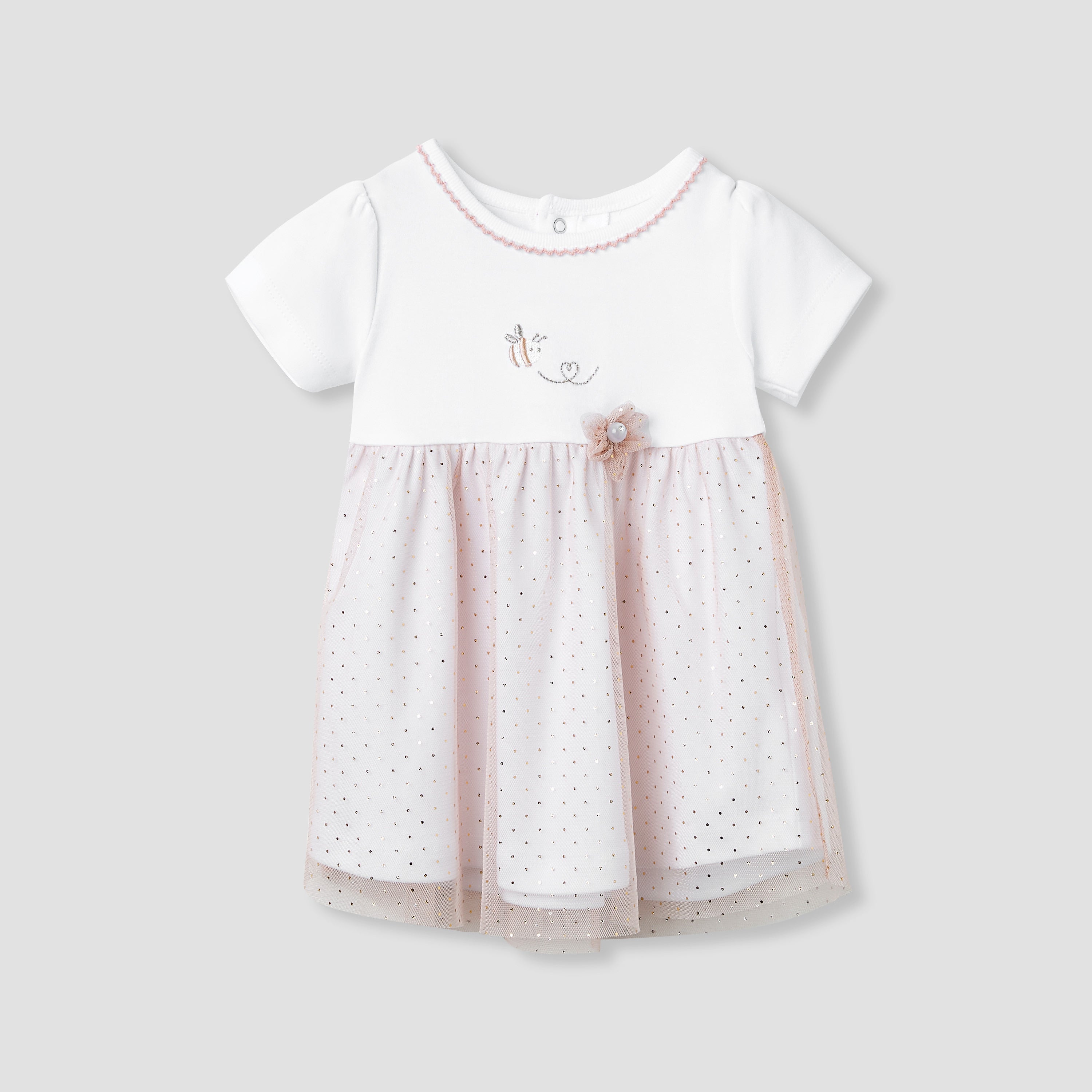 Giggles Printed A-line Dress with Floral Accent - White / 12-18 mths
