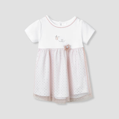 Giggles Printed A-line Dress with Floral Accent - White / 12-18 mths